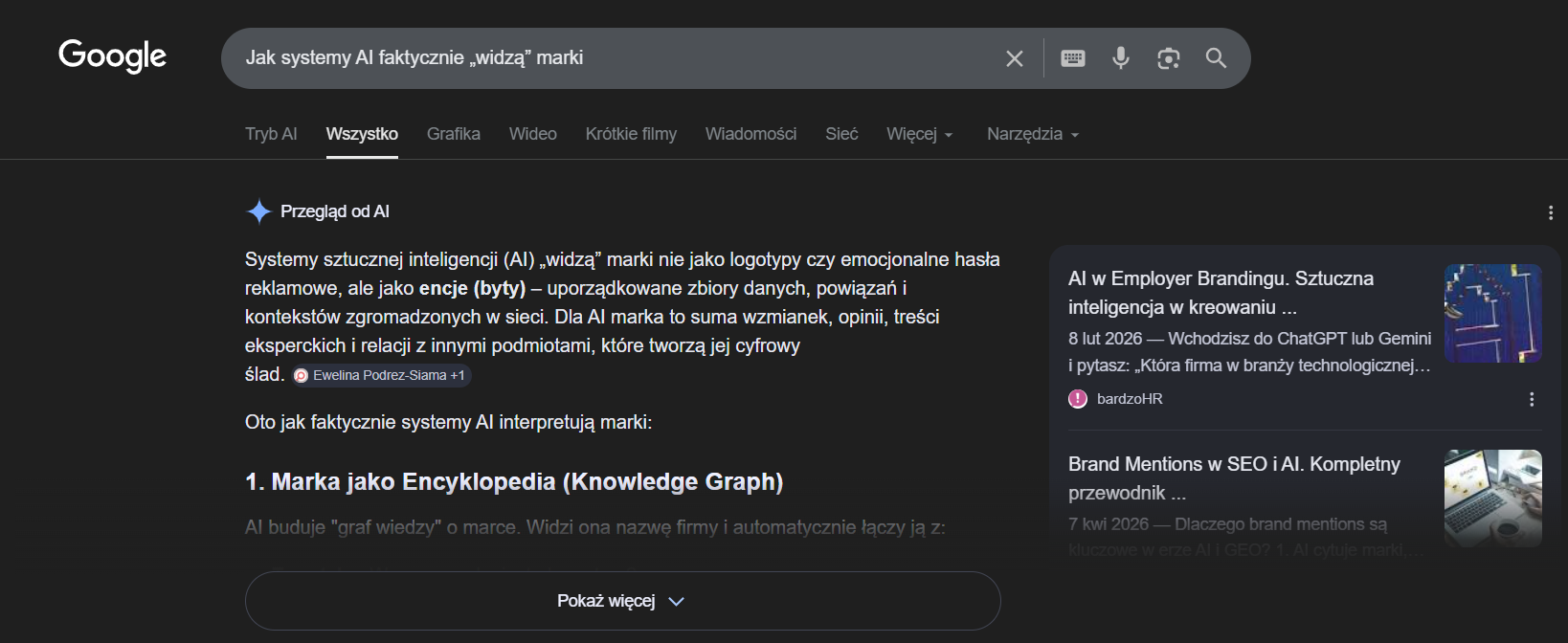 AI Overviews w Google pokazujące jak sztuczna inteligencja interpretuje markę w SEO i GEO