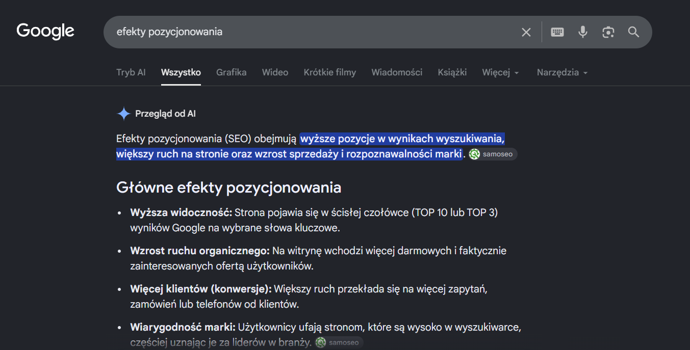 Widok wyszukiwarki z hasłem efekty pozycjonowania i wynikiem w AI Overviews